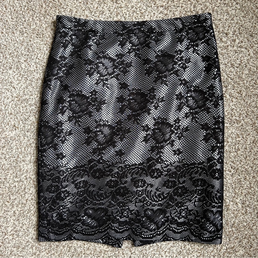🦋The Limited Black Silver Lace A-Line Mini Pencil Skirt Size 8 Formal Party NYE
